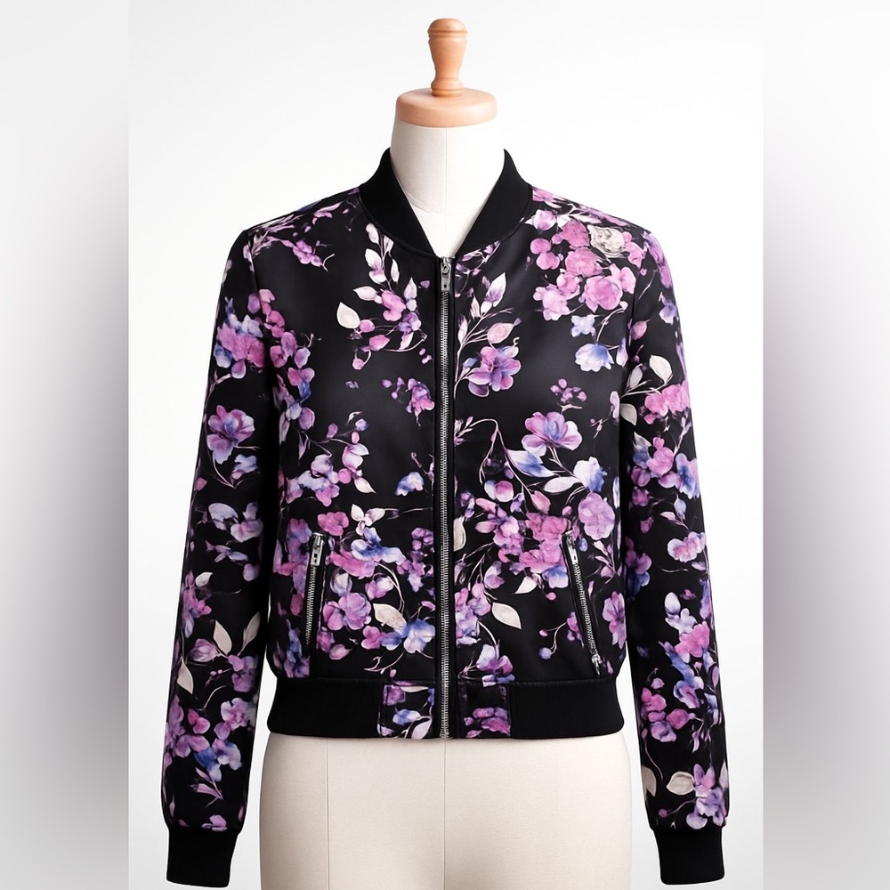 Women’s Floral Satin Bomber Jacket Size M–Black Purple Print